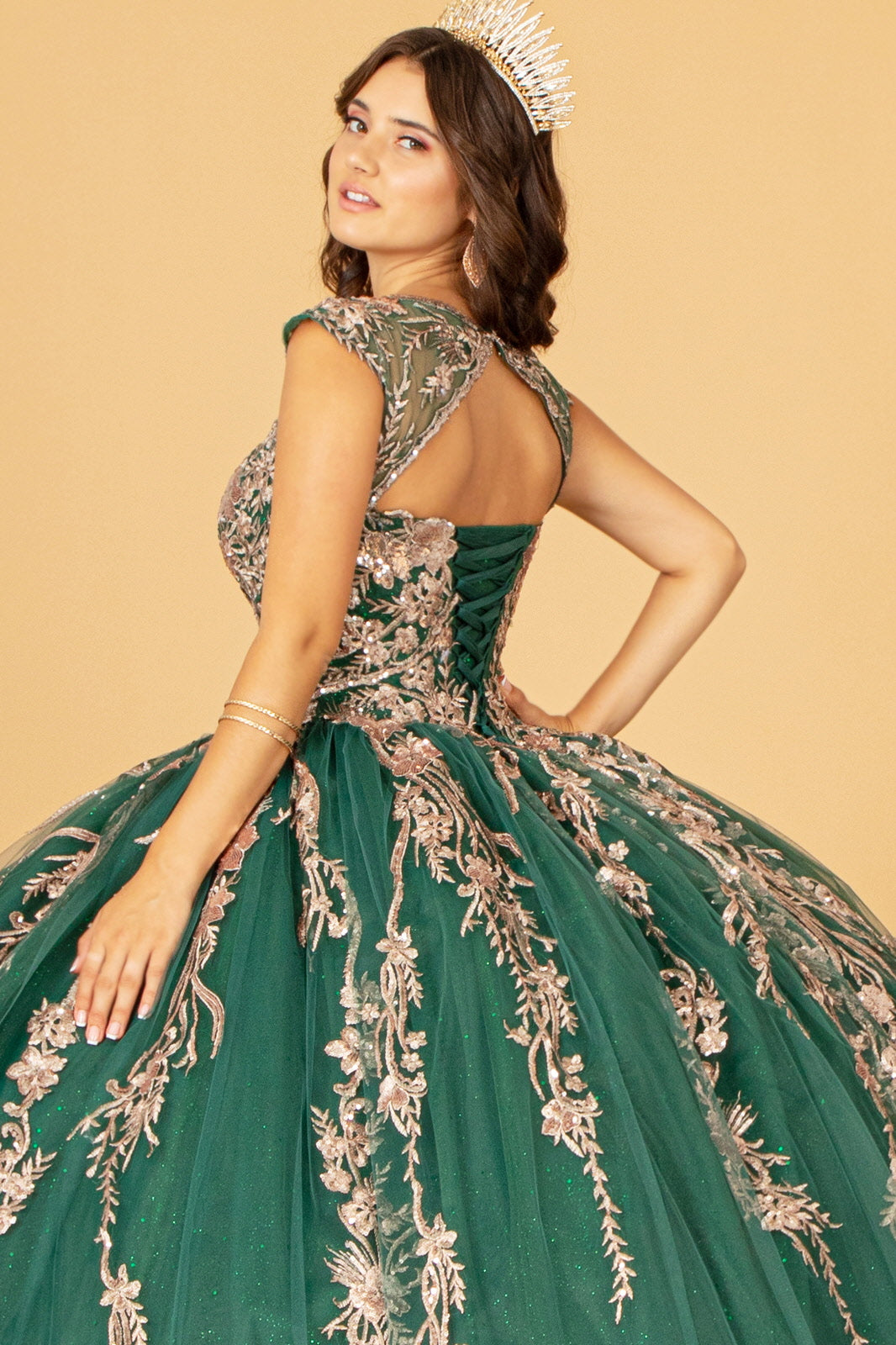 Glitter Layered Hem Quinceanera Gown w/ Long Mesh Sleeves