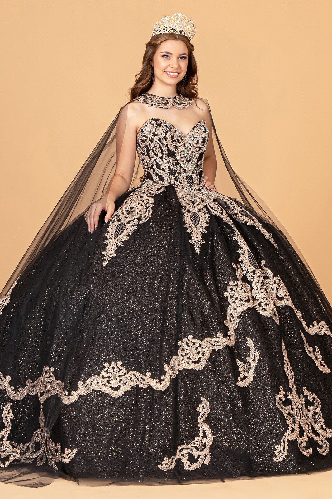 Glitter Jewel Embellished w/ Long Mesh Cape Quinceanera