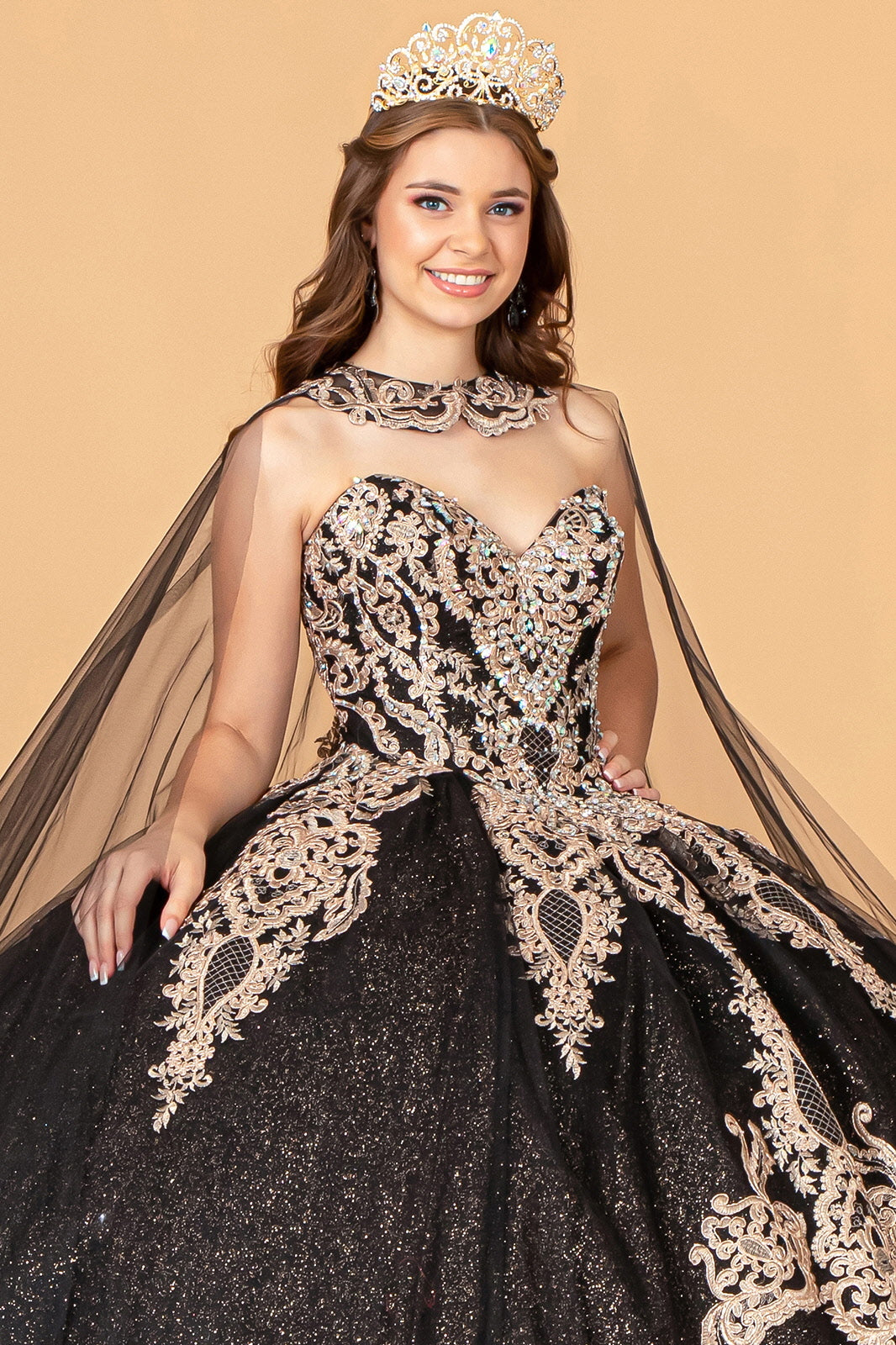Glitter Jewel Embellished Quinceanera Gown Long Mesh Cape GLGL3078-QUINCEANERA-smcfashion.com