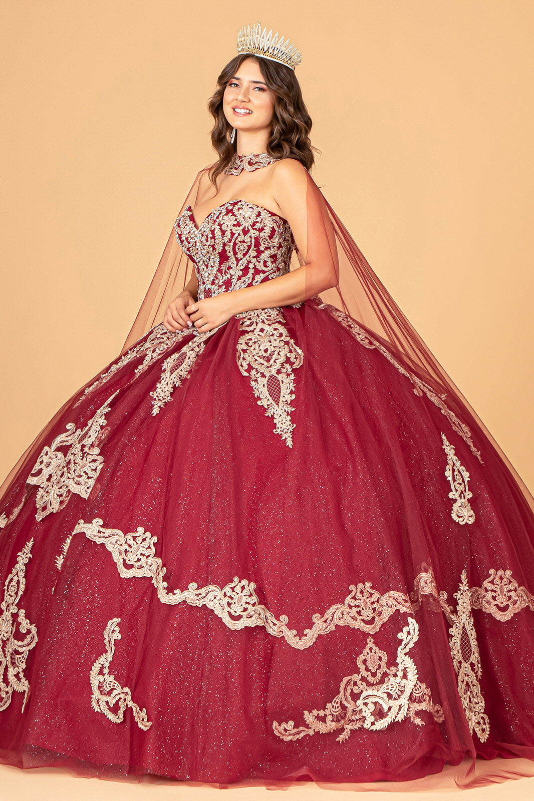 Glitter Jewel Embellished w/ Long Mesh Cape Quinceanera