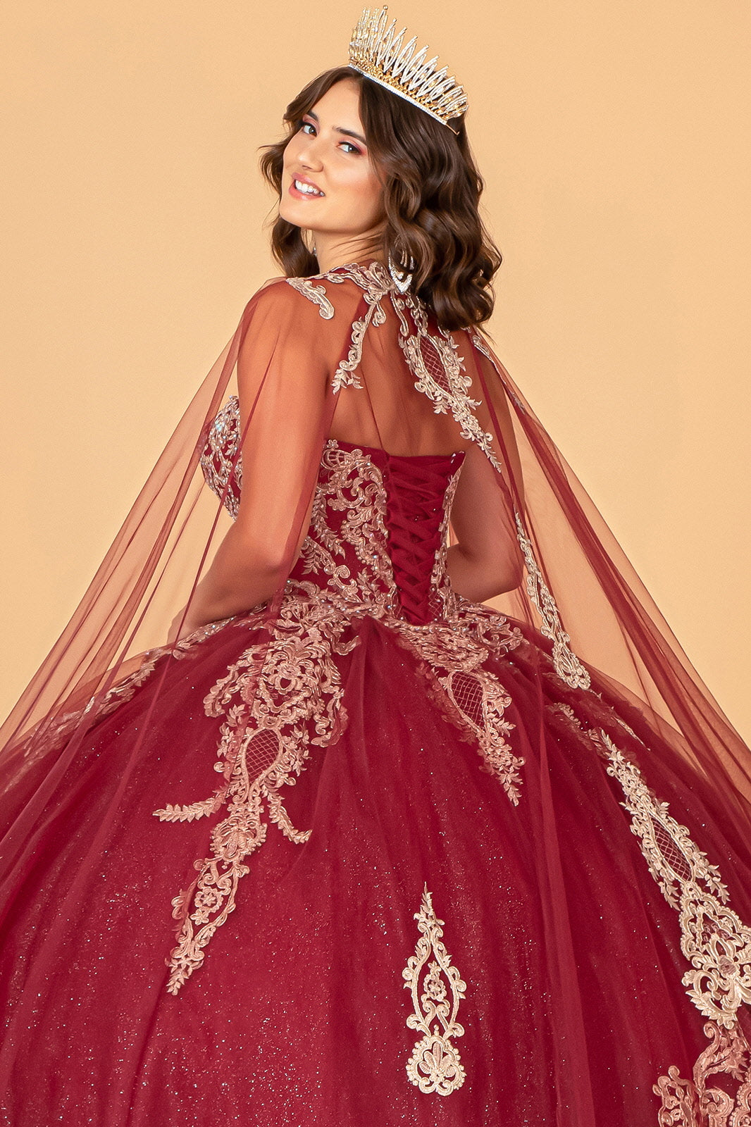 Glitter Jewel Embellished Quinceanera Gown Long Mesh Cape GLGL3078-QUINCEANERA-smcfashion.com