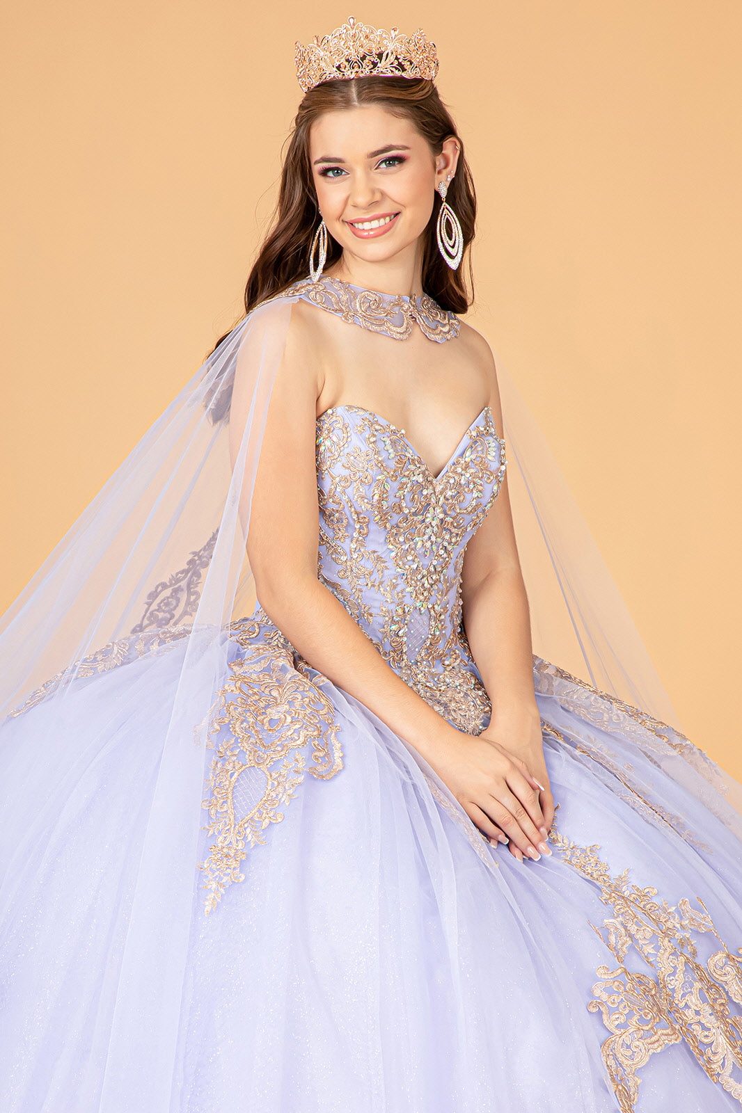 Glitter Jewel Embellished Quinceanera Gown Long Mesh Cape GLGL3078-QUINCEANERA-smcfashion.com