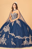Glitter Jewel Embellished Quinceanera Gown Long Mesh Cape GLGL3078