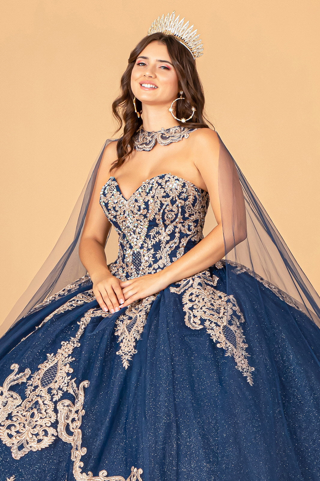 Glitter Jewel Embellished w/ Long Mesh Cape Quinceanera... –