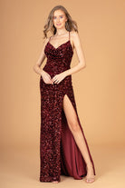 Ruched Bodice Velvet Bodycon Long Dress Leg Slit GLGL3081-PROM-smcfashion.com