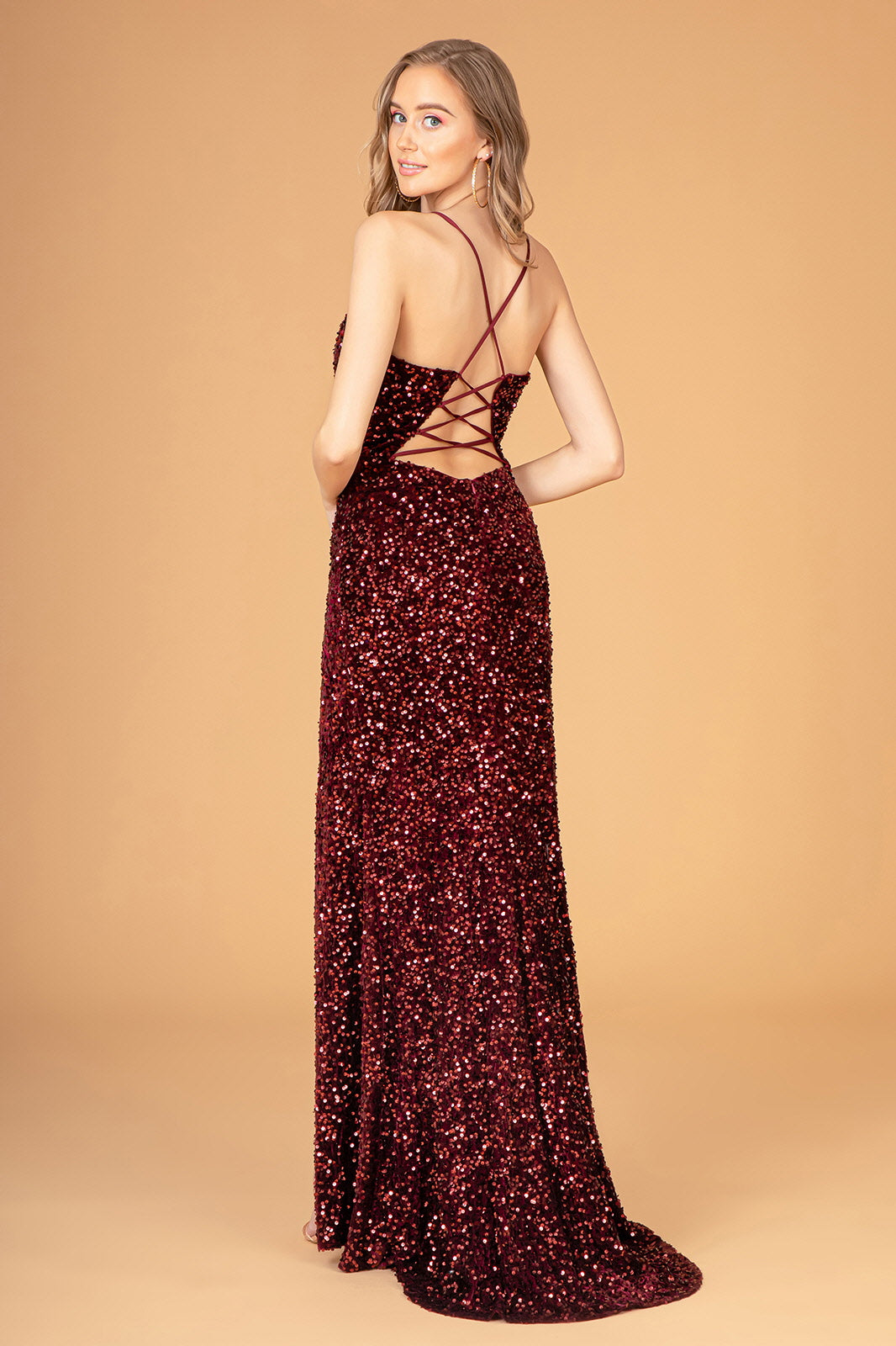 Ruched Bodice Velvet Bodycon Long Dress Leg Slit GLGL3081-PROM-smcfashion.com