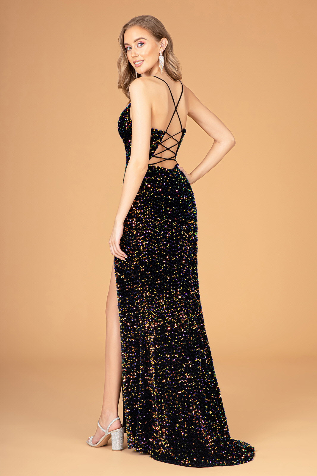 Ruched Bodice Velvet Bodycon Long Dress Leg Slit GLGL3081-PROM-smcfashion.com