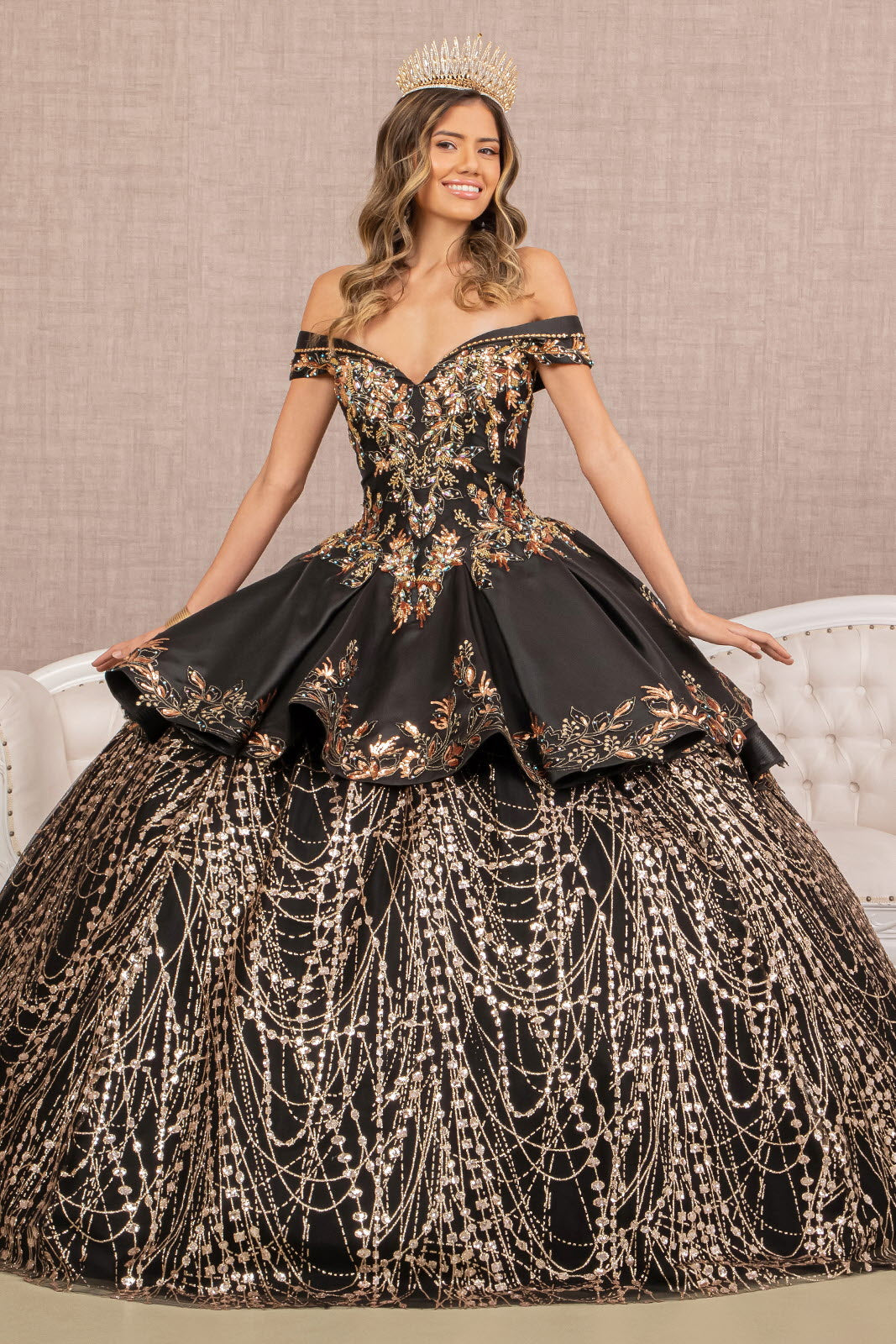 Off Shoulder Satin Quinceanera Ball Gown Embellished with Gold Embroidery GLGL3098-QUINCEANERA-smcfashion.com