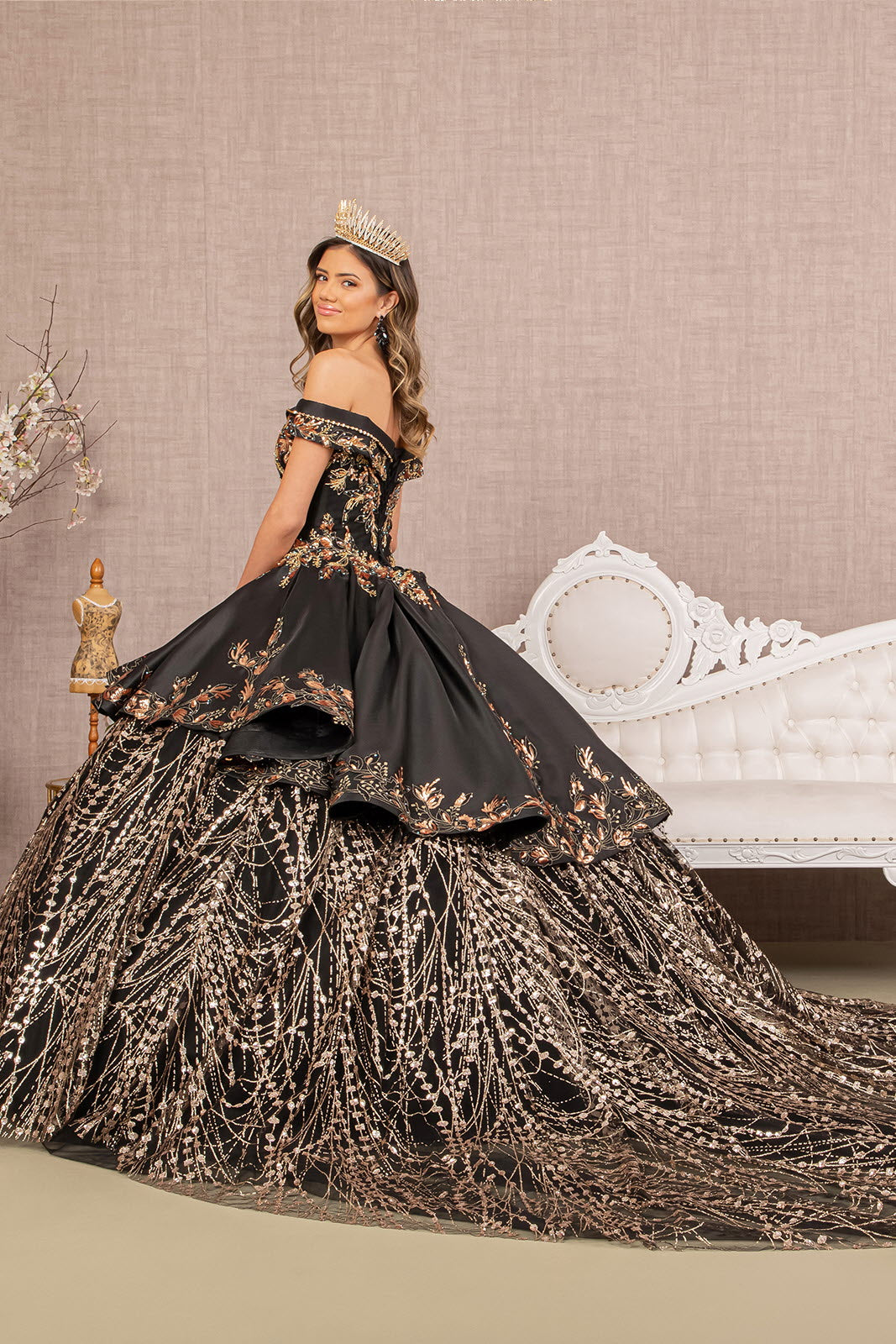 Off Shoulder Satin Quinceanera Ball Gown Embellished with Gold Embroidery GLGL3098-QUINCEANERA-smcfashion.com
