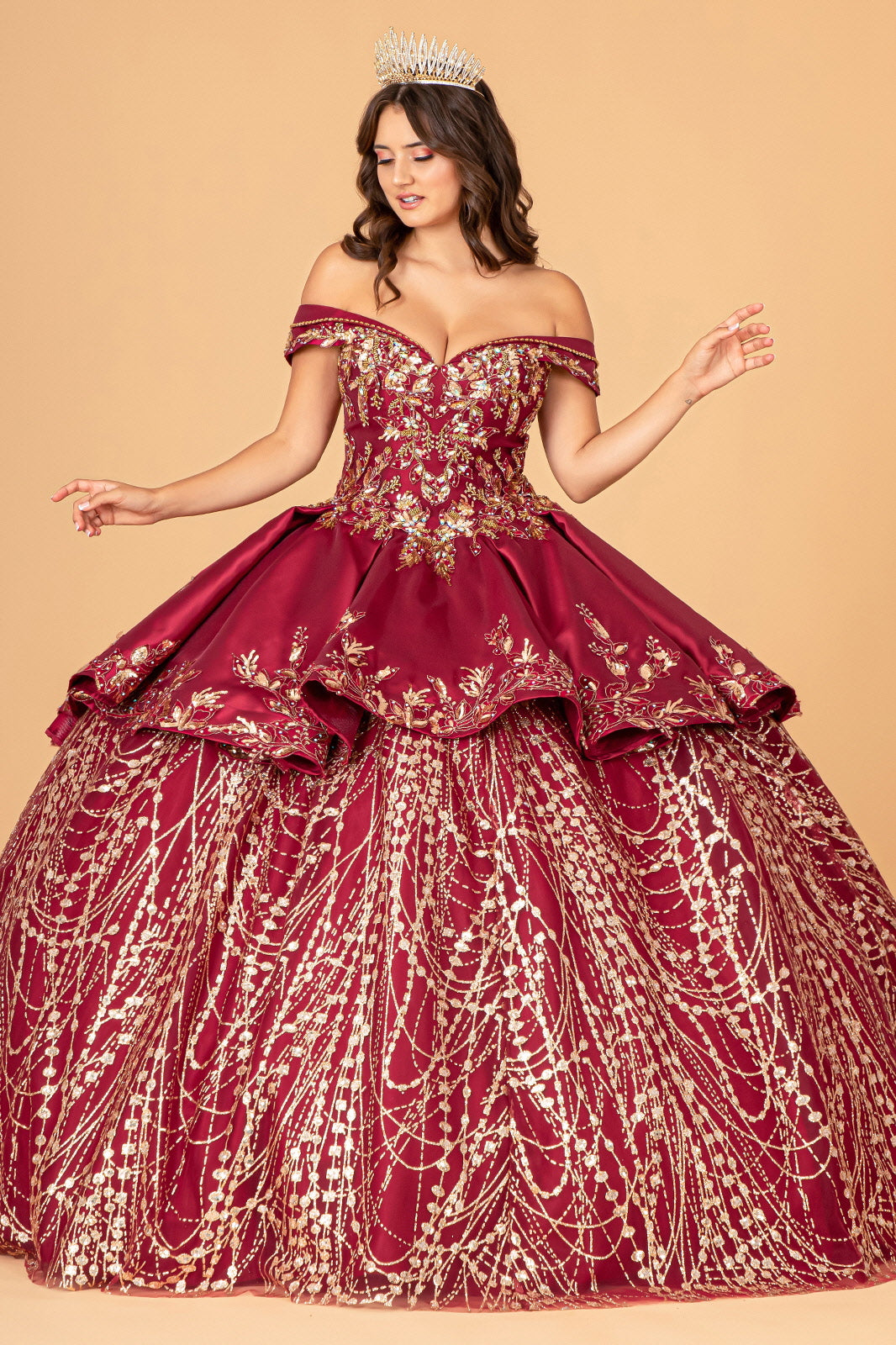 Off Shoulder Satin Quinceanera Ball Gown Embellished with Gold Embroidery GLGL3098-QUINCEANERA-smcfashion.com
