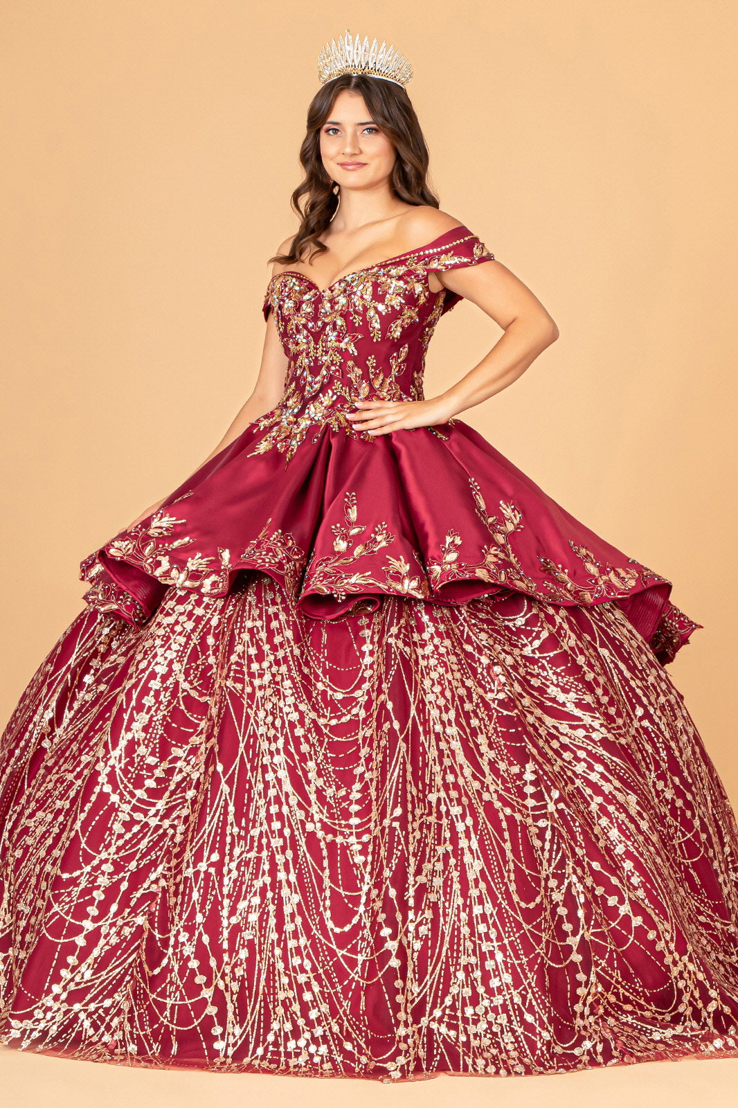 Off Shoulder Satin Quinceanera Ball Gown Embellished with Gold Embroidery GLGL3098-QUINCEANERA-smcfashion.com