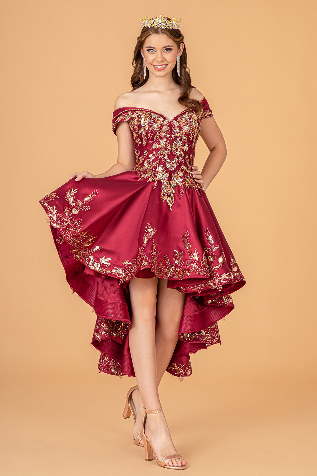 Off Shoulder Satin Quinceanera Ball Gown Embellished with Gold Embroidery GLGL3098-QUINCEANERA-smcfashion.com