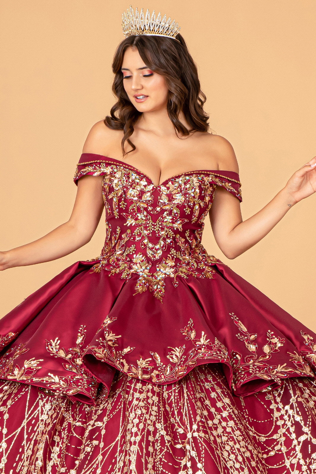 Off Shoulder Satin Quinceanera Ball Gown Embellished with Gold Embroidery GLGL3098-QUINCEANERA-smcfashion.com