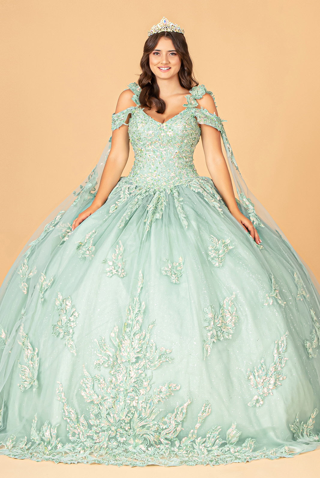 3D Flower Applique Mesh Quinceanera Ball Gown with Side Mesh Drapes GLGL3099-QUINCEANERA-smcfashion.com