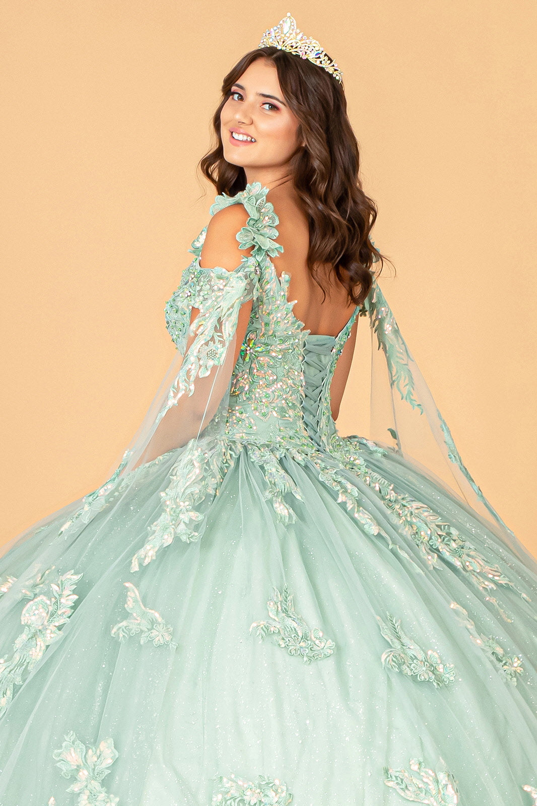 3D Flower Applique Mesh Quinceanera Ball Gown with Side Mesh Drapes GLGL3099-QUINCEANERA-smcfashion.com