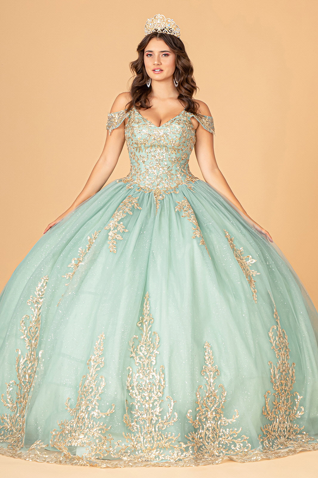Gold Embroidered Mesh Quinceanera Ball Gown Corset Back GLGL3100-QUINCEANERA-smcfashion.com