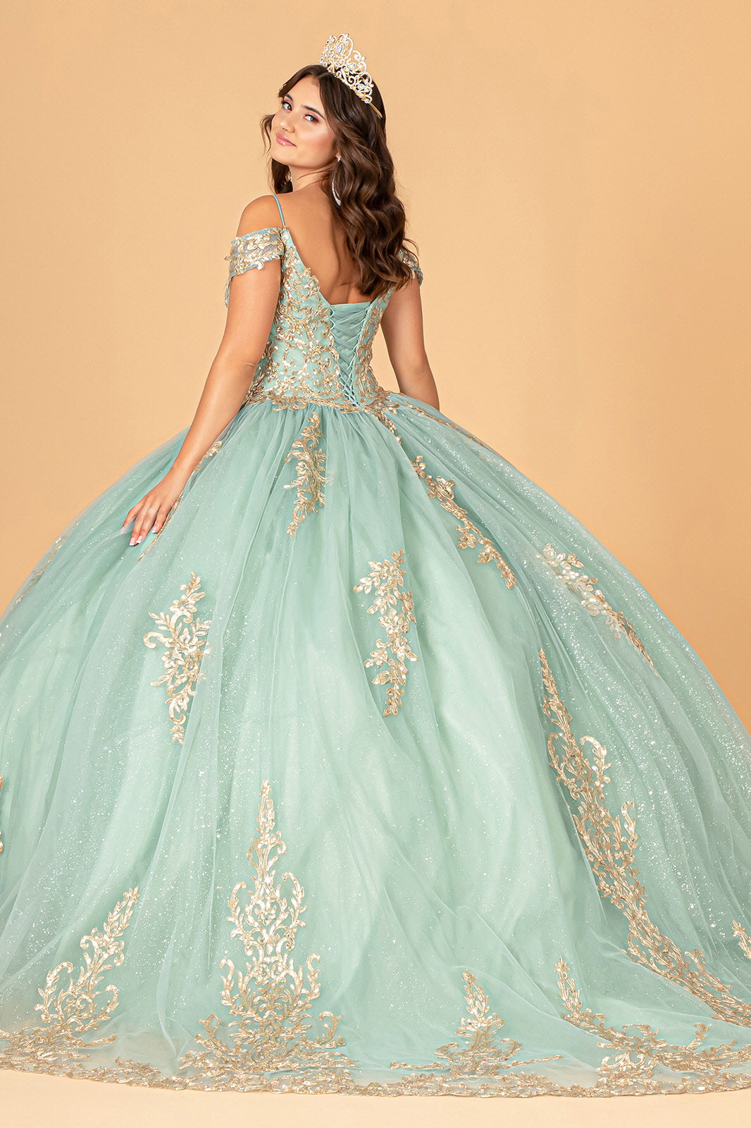 Gold Embroidered Mesh w/ Corset Back Quinceanera Ball Dress GLGL3100 smcfashion.com Gold Embroidered Mesh w/ Corset Back Quinceanera Ball Dress GLGL3100 smcfashion.com