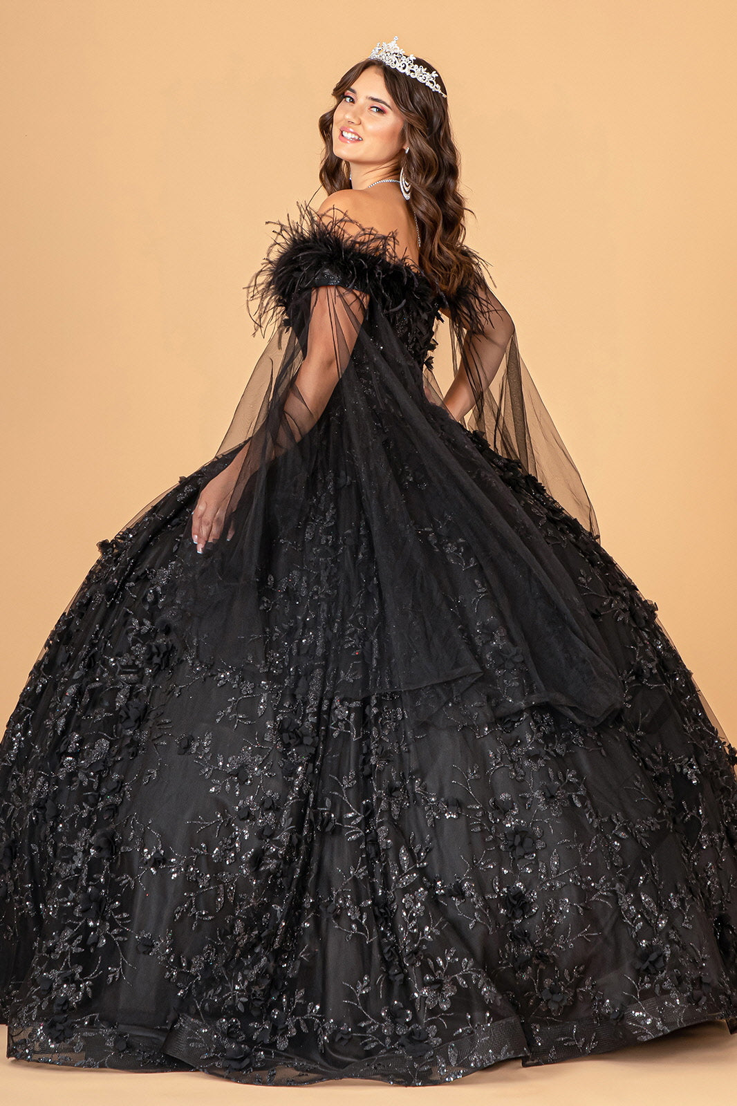 Mesh Quinceanera Dress Side Mesh Drape and Detachable Feather Embellishment GLGL3101-QUINCEANERA-smcfashion.com