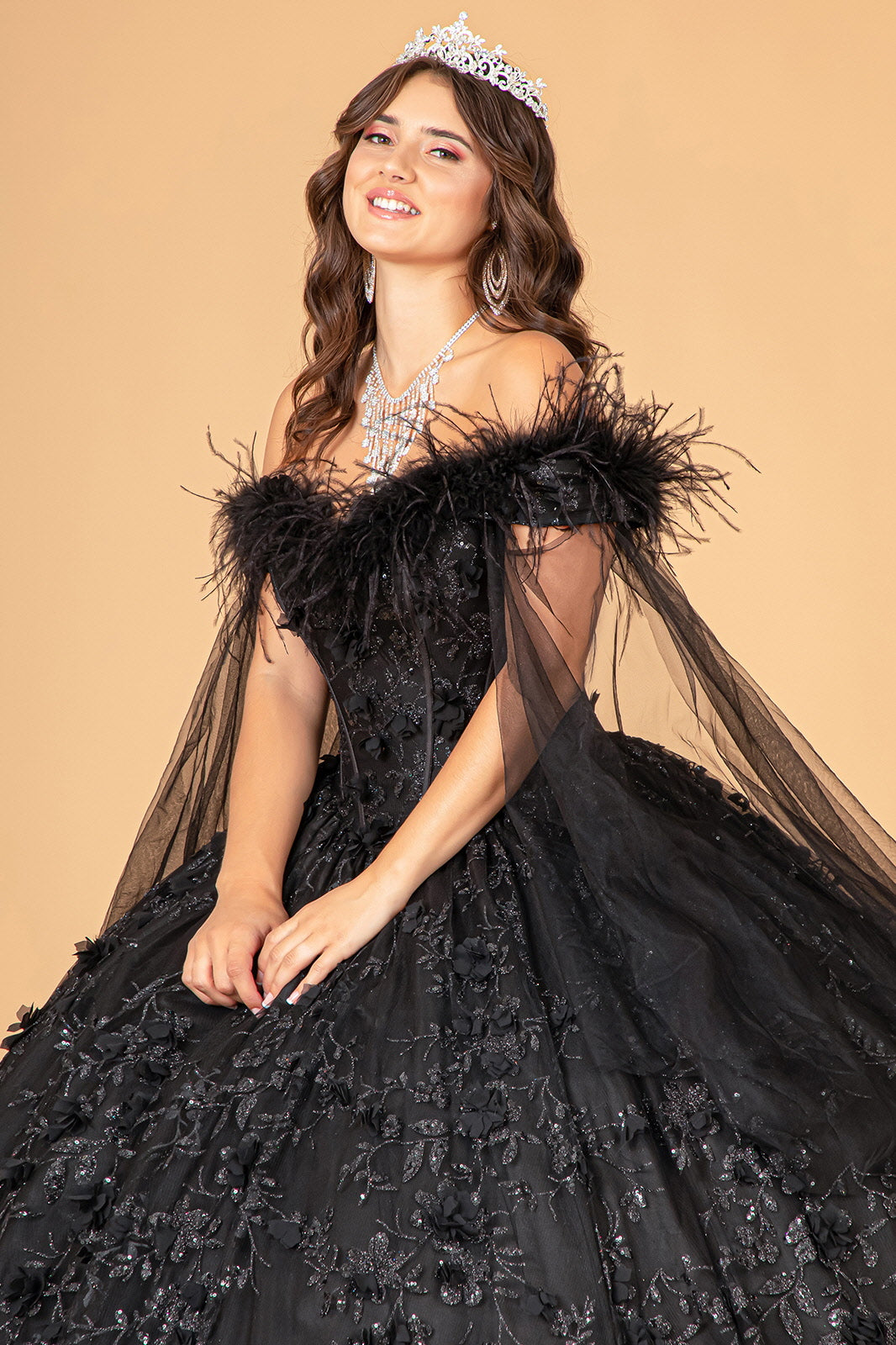 Mesh Quinceanera Dress Side Mesh Drape and Detachable Feather Embellishment GLGL3101-QUINCEANERA-smcfashion.com