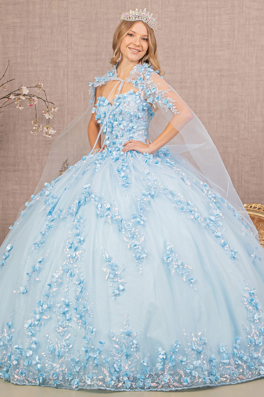3D Flower Applique Glitter Quinceanera Gown Detachable Mesh Long Sleeves GLGL3103-QUINCEANERA-smcfashion.com
