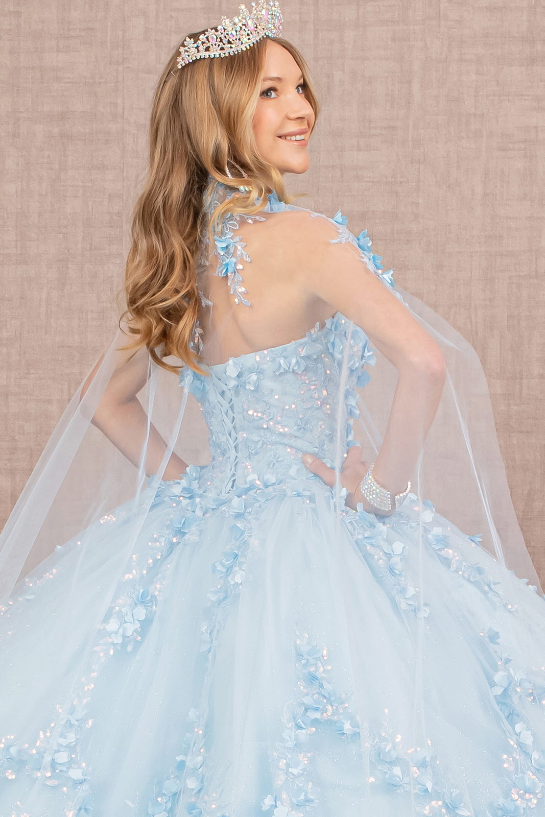 3D Flower Applique Glitter Quinceanera Gown Detachable Mesh Long Sleeves GLGL3103-QUINCEANERA-smcfashion.com