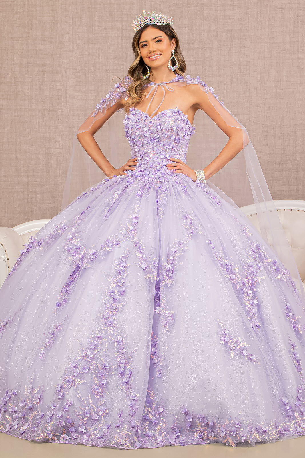 3D Flower Applique Glitter Quinceanera Gown Detachable Mesh Long Sleeves GLGL3103-QUINCEANERA-smcfashion.com