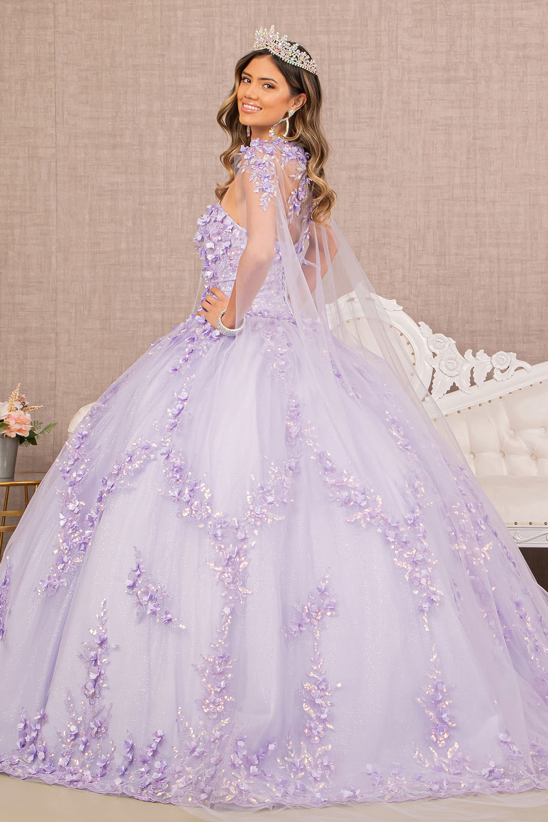 3D Flower Applique Glitter Quinceanera Gown Detachable Mesh Long Sleeves GLGL3103-QUINCEANERA-smcfashion.com