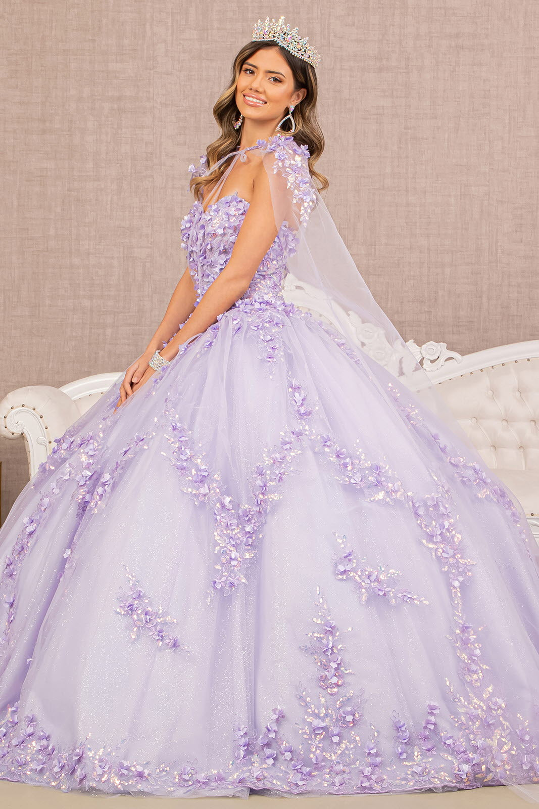 3D Flower Applique Glitter Quinceanera Gown Detachable Mesh Long Sleeves GLGL3103-QUINCEANERA-smcfashion.com