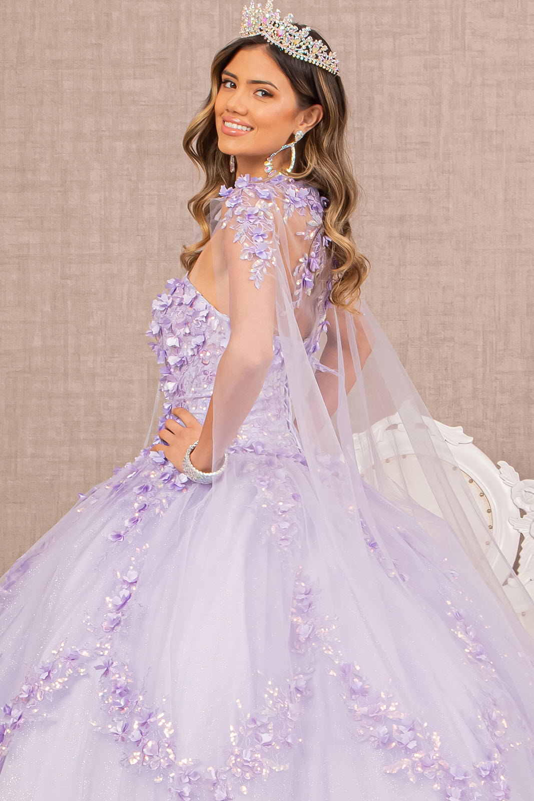 3D Flower Applique Glitter Quinceanera Gown Detachable Mesh Long Sleeves GLGL3103-QUINCEANERA-smcfashion.com