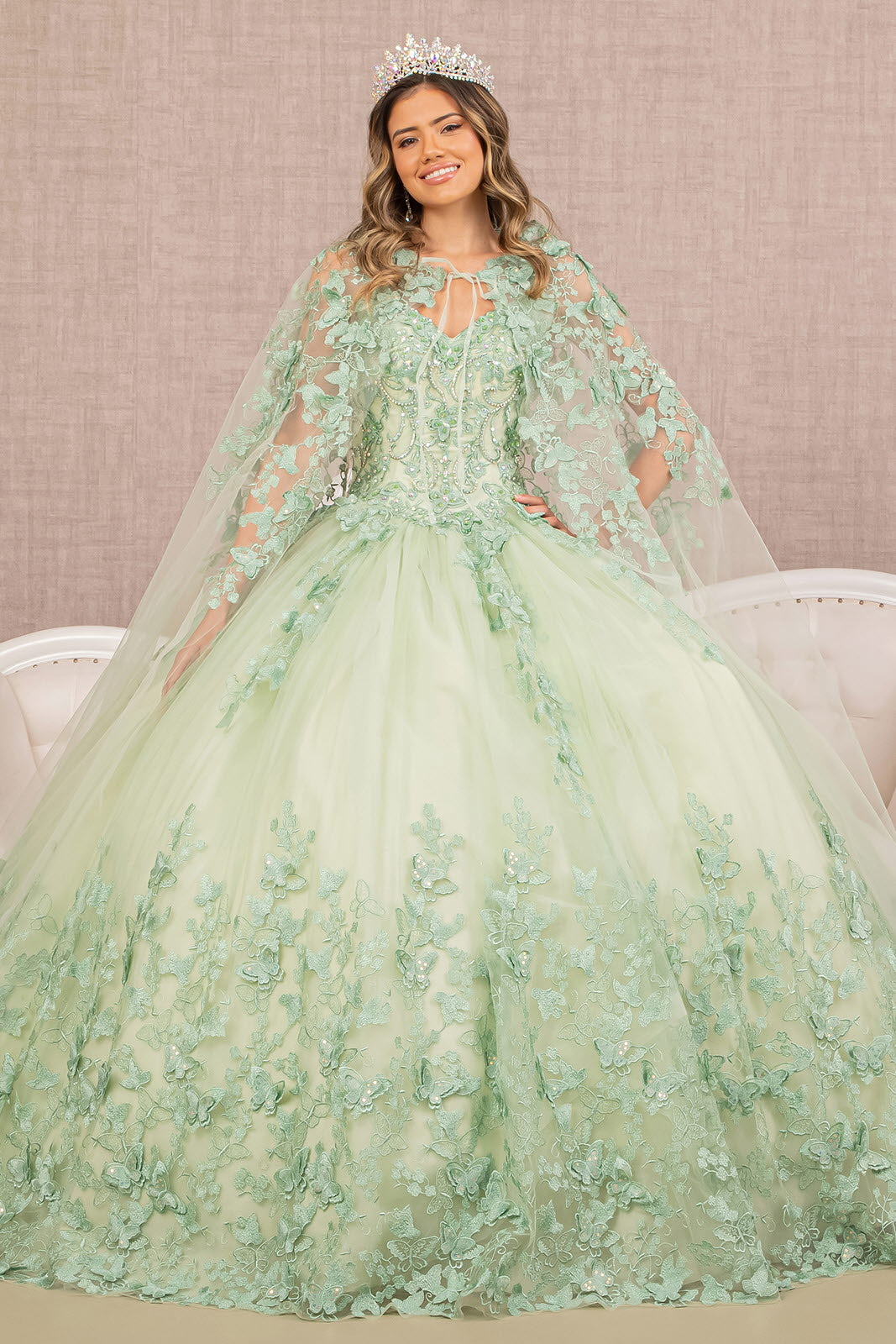 Jewel Mesh Quinceanera Gown 3D Butterfly Appliques and Long Mesh Cape GLGL3104-QUINCEANERA-smcfashion.com