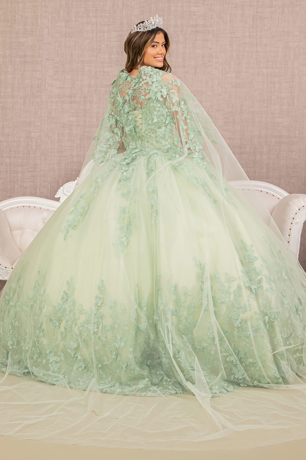 Jewel Mesh Quinceanera Gown 3D Butterfly Appliques and Long Mesh Cape GLGL3104-QUINCEANERA-smcfashion.com