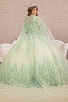 Jewel Mesh Quinceanera Gown 3D Butterfly Appliques and Long Mesh Cape GLGL3104-QUINCEANERA-smcfashion.com