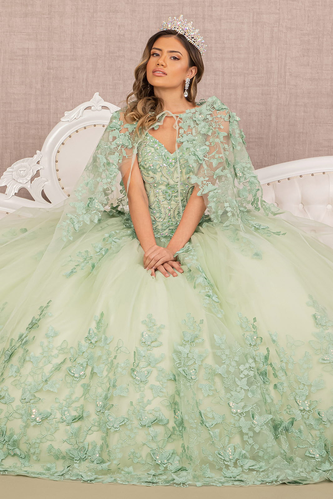 Jewel Mesh Quinceanera Gown 3D Butterfly Appliques and Long Mesh Cape GLGL3104-QUINCEANERA-smcfashion.com