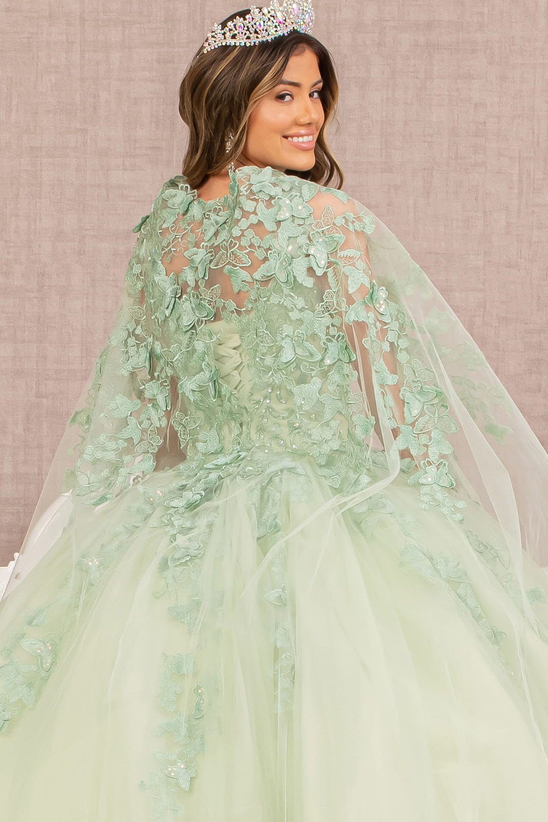 Jewel Mesh Quinceanera Gown 3D Butterfly Appliques and Long Mesh Cape GLGL3104-QUINCEANERA-smcfashion.com