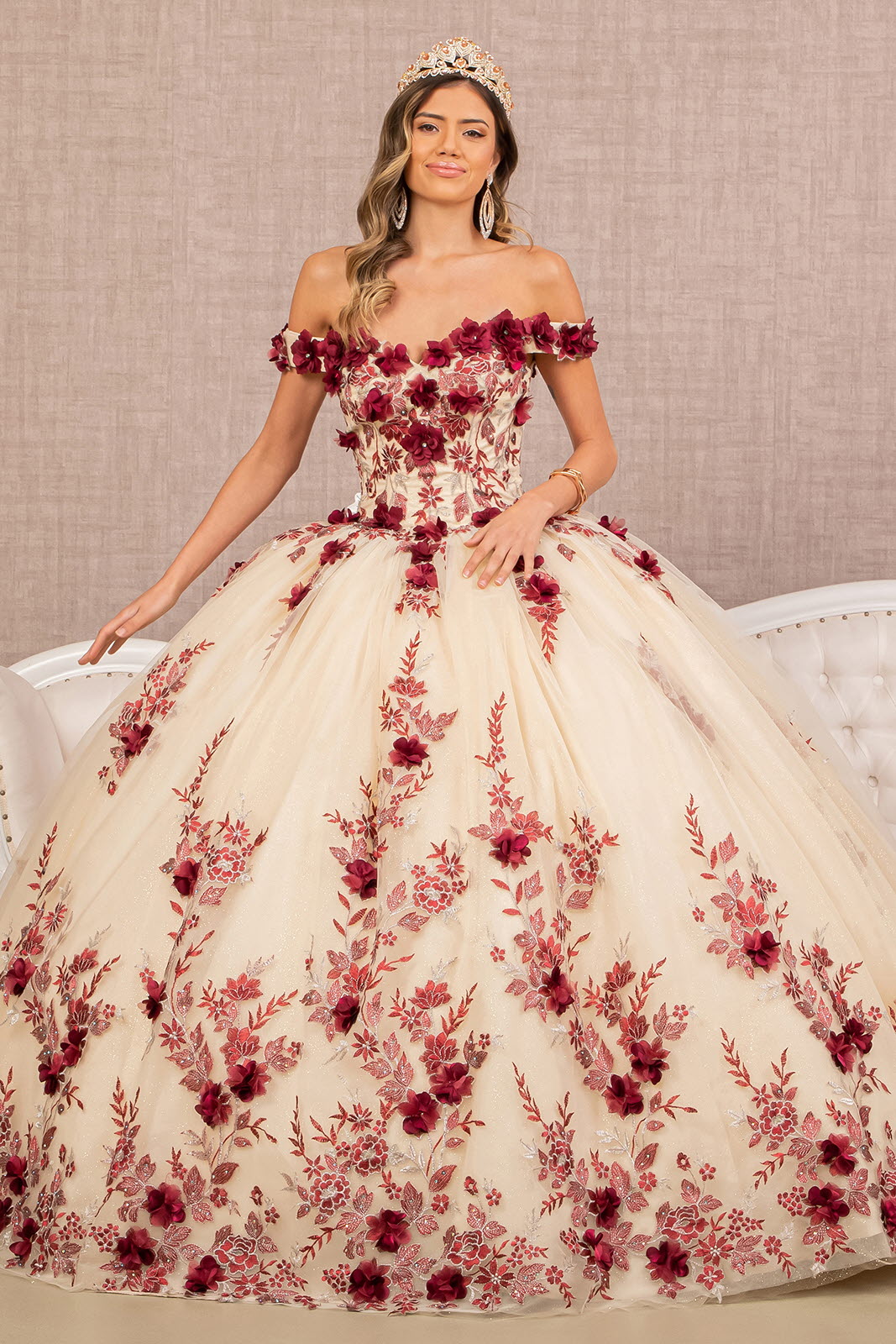 3D Flower Embroidery Off Shoulder Mesh Quinceanera Gown GLGL3105-QUINCEANERA-smcfashion.com