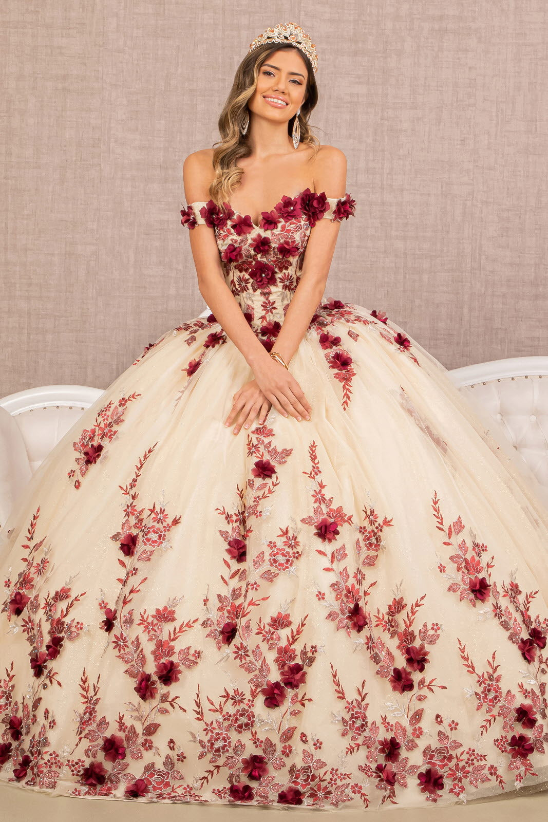 3D Flower Embroidery Off Shoulder Mesh Quinceanera Gown GLGL3105-QUINCEANERA-smcfashion.com