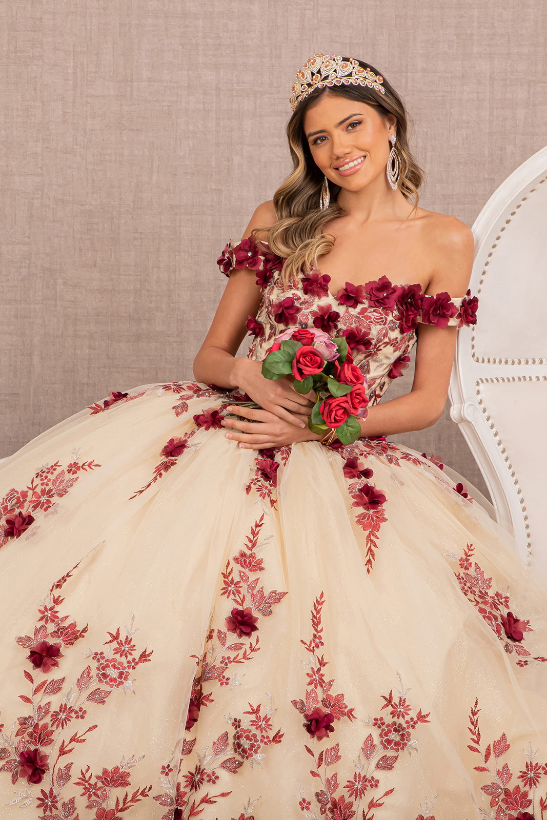 3D Flower Embroidery Off Shoulder Mesh Quinceanera Gown GLGL3105-QUINCEANERA-smcfashion.com