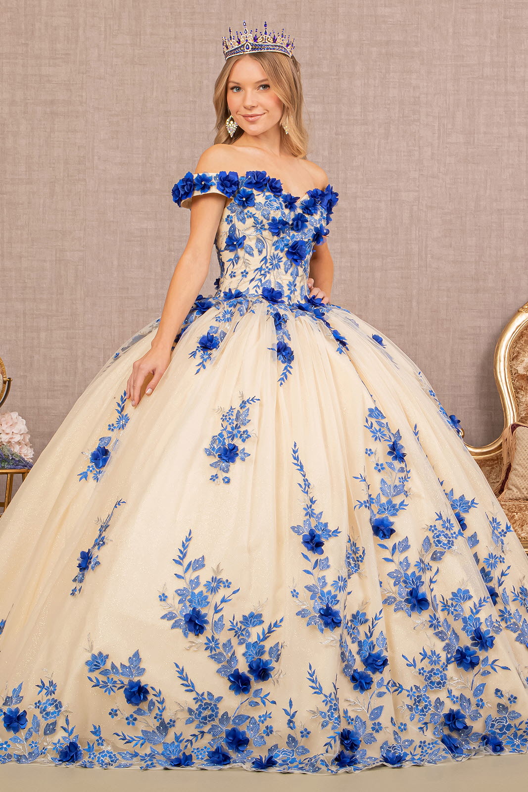 3D Flower Embroidery Off Shoulder Mesh Quinceanera Gown GLGL3105-QUINCEANERA-smcfashion.com
