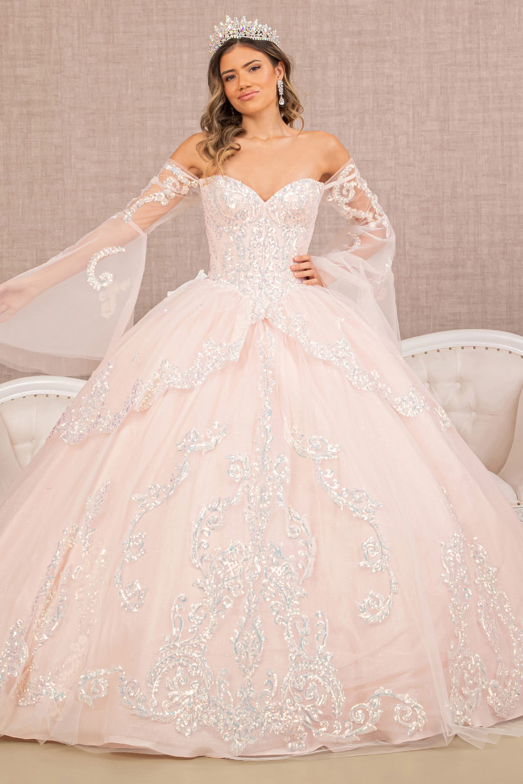 Glitter Layered Hem w/ Long Mesh Sleeves Quinceanera Dress GLGL3109 smcfashion.com Glitter Layered Hem w/ Long Mesh Sleeves Quinceanera Dress GLGL3109 smcfashion.com