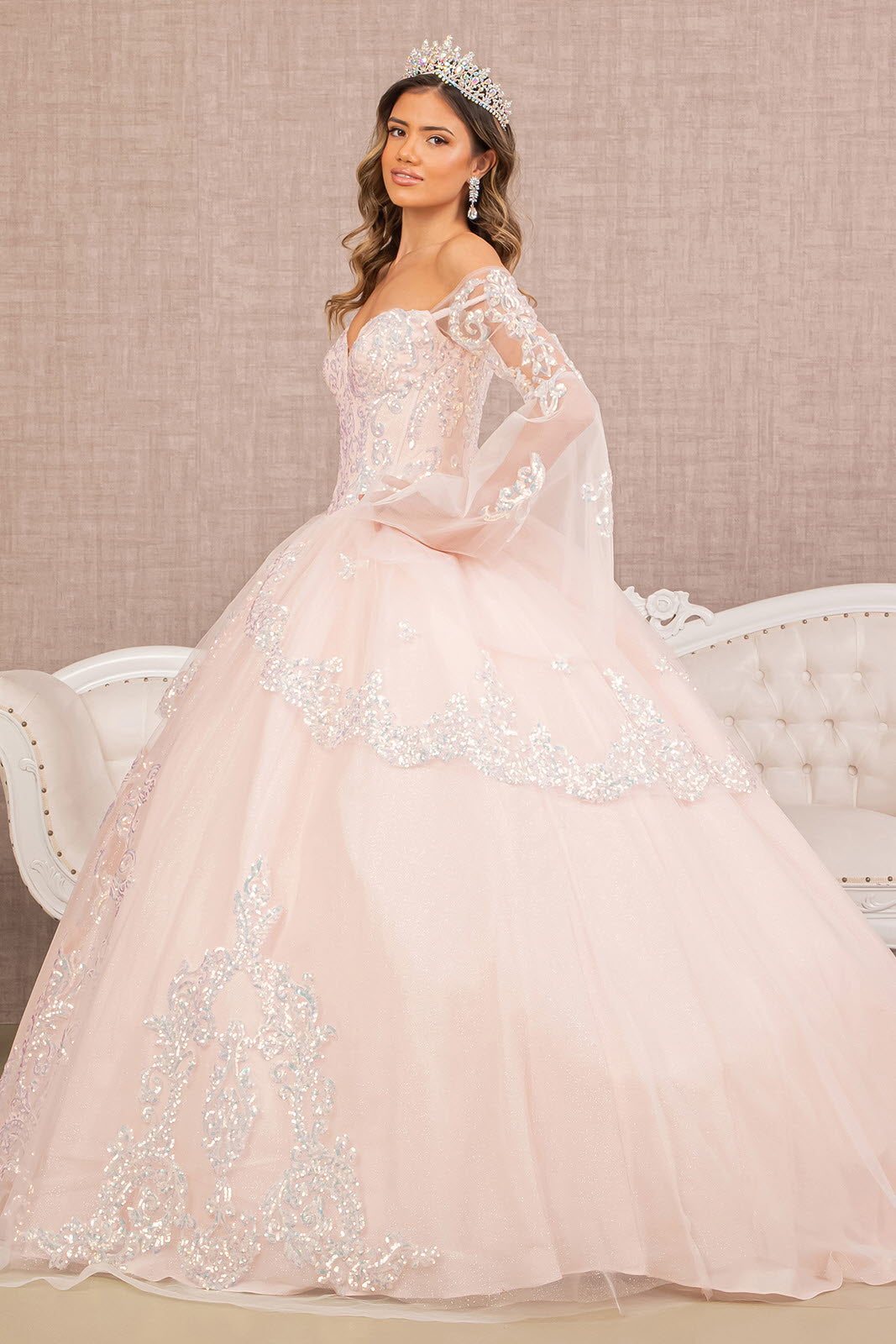 Glitter Layered Hem Quinceanera Gown Long Mesh Sleeves GLGL3109-QUINCEANERA-smcfashion.com