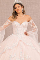 Glitter Layered Hem Quinceanera Gown Long Mesh Sleeves GLGL3109-QUINCEANERA-smcfashion.com