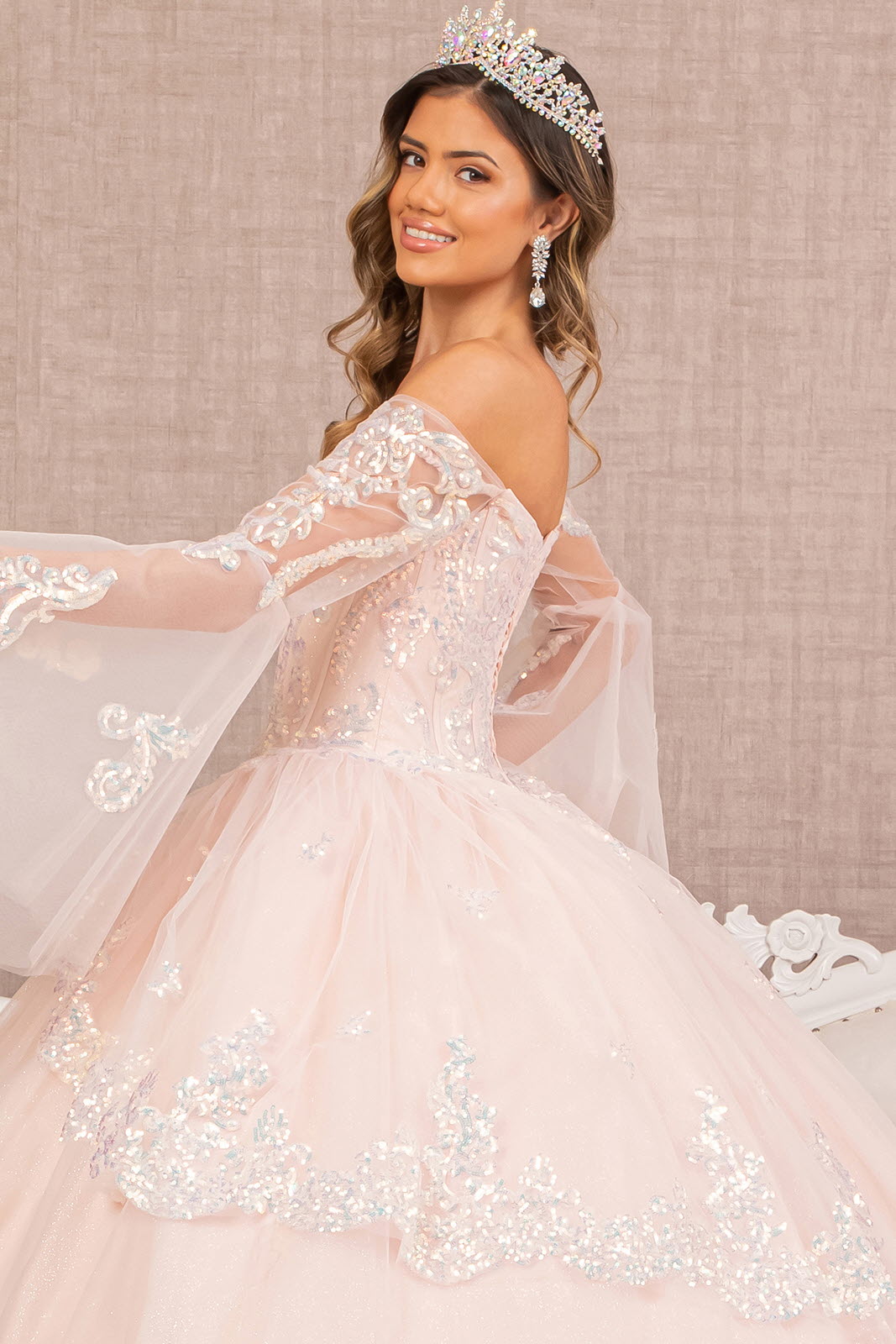 Glitter Layered Hem Quinceanera Gown Long Mesh Sleeves GLGL3109-QUINCEANERA-smcfashion.com