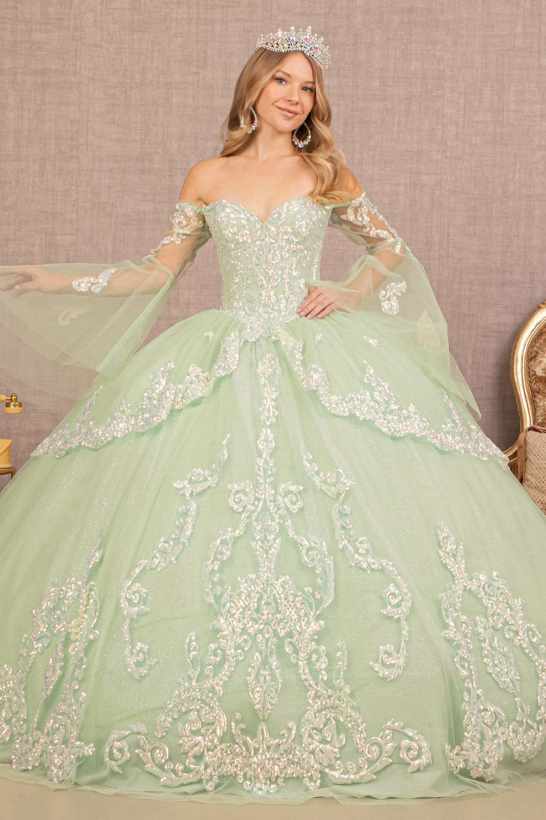 Glitter Layered Hem Quinceanera Gown Long Mesh Sleeves GLGL3109-QUINCEANERA-smcfashion.com
