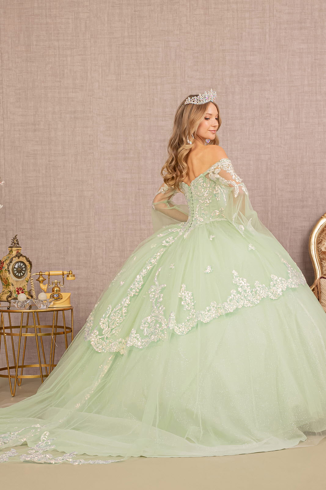 Glitter Layered Hem Quinceanera Gown Long Mesh Sleeves GLGL3109-QUINCEANERA-smcfashion.com