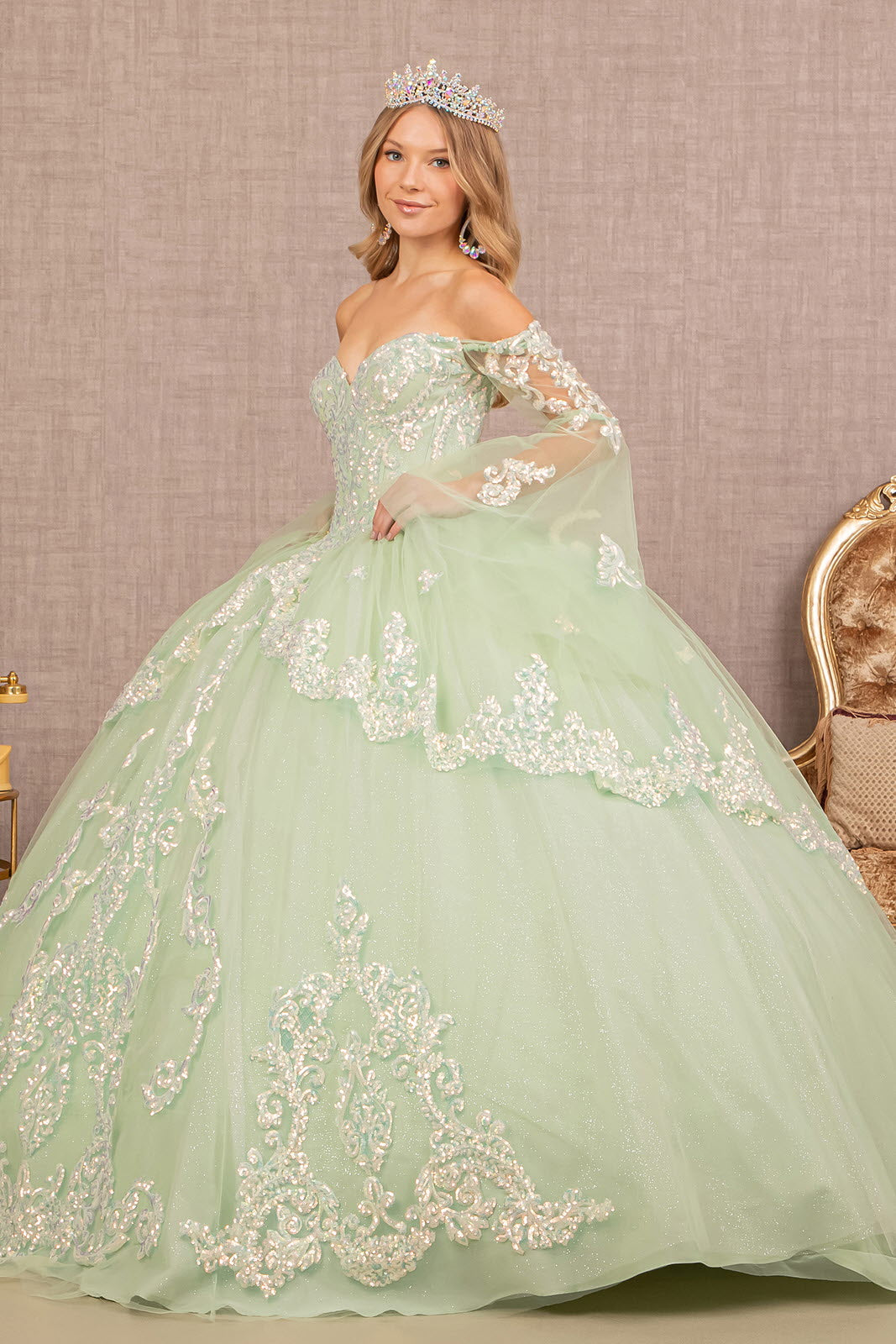 Glitter Layered Hem Quinceanera Gown Long Mesh Sleeves GLGL3109-QUINCEANERA-smcfashion.com