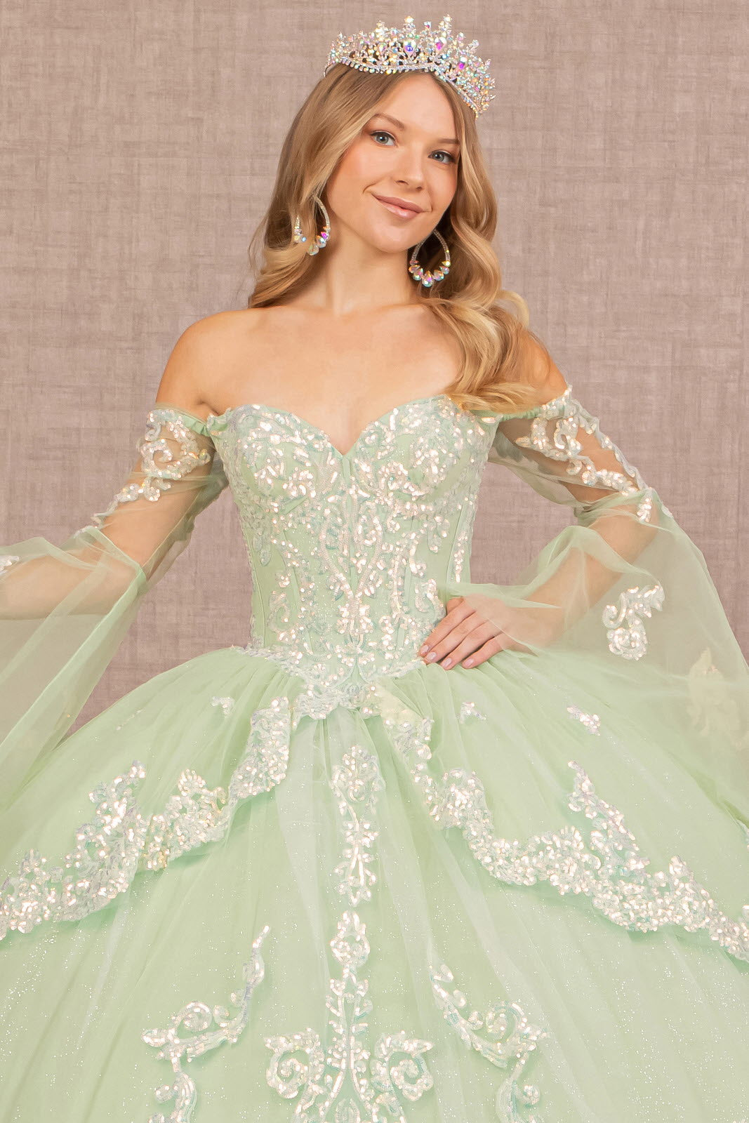 Glitter Layered Hem Quinceanera Gown Long Mesh Sleeves GLGL3109-QUINCEANERA-smcfashion.com