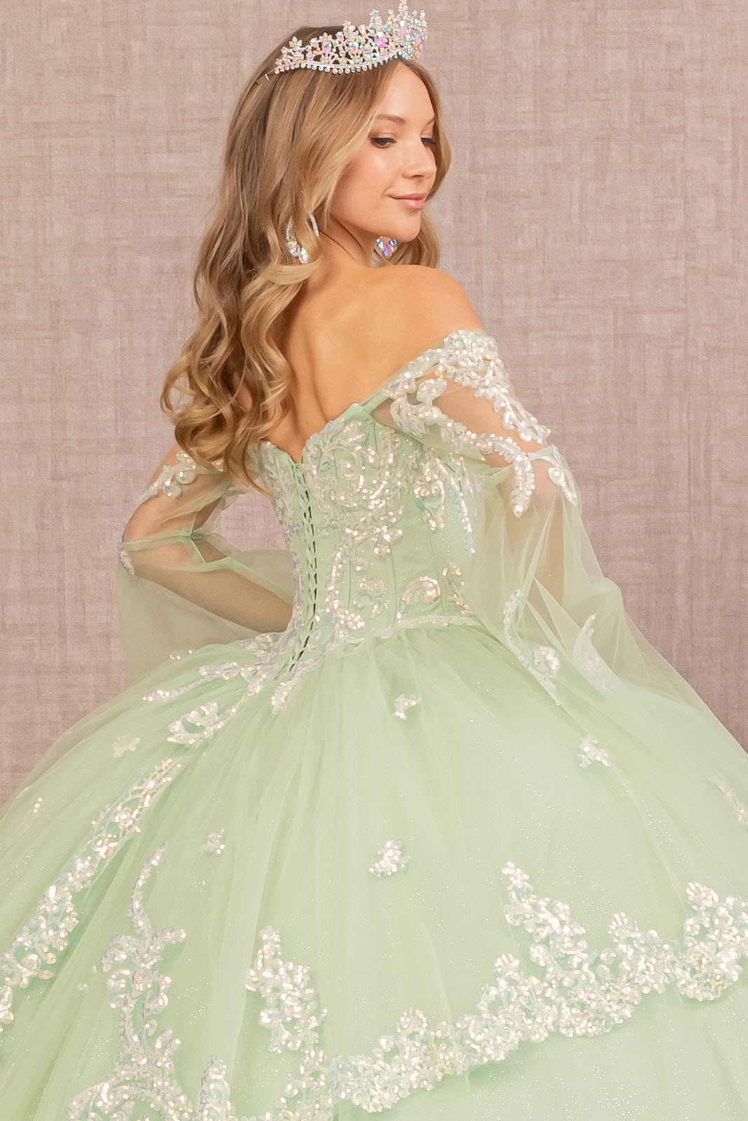 Glitter Layered Hem Quinceanera Gown Long Mesh Sleeves GLGL3109-QUINCEANERA-smcfashion.com