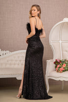 Sequin Ruched Side Mermaid Dress Feather on Neckline GLGL3113-PROM-smcfashion.com