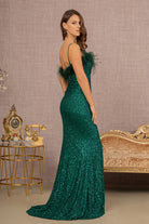 Sequin Ruched Side Mermaid Dress Feather on Neckline GLGL3113-PROM-smcfashion.com