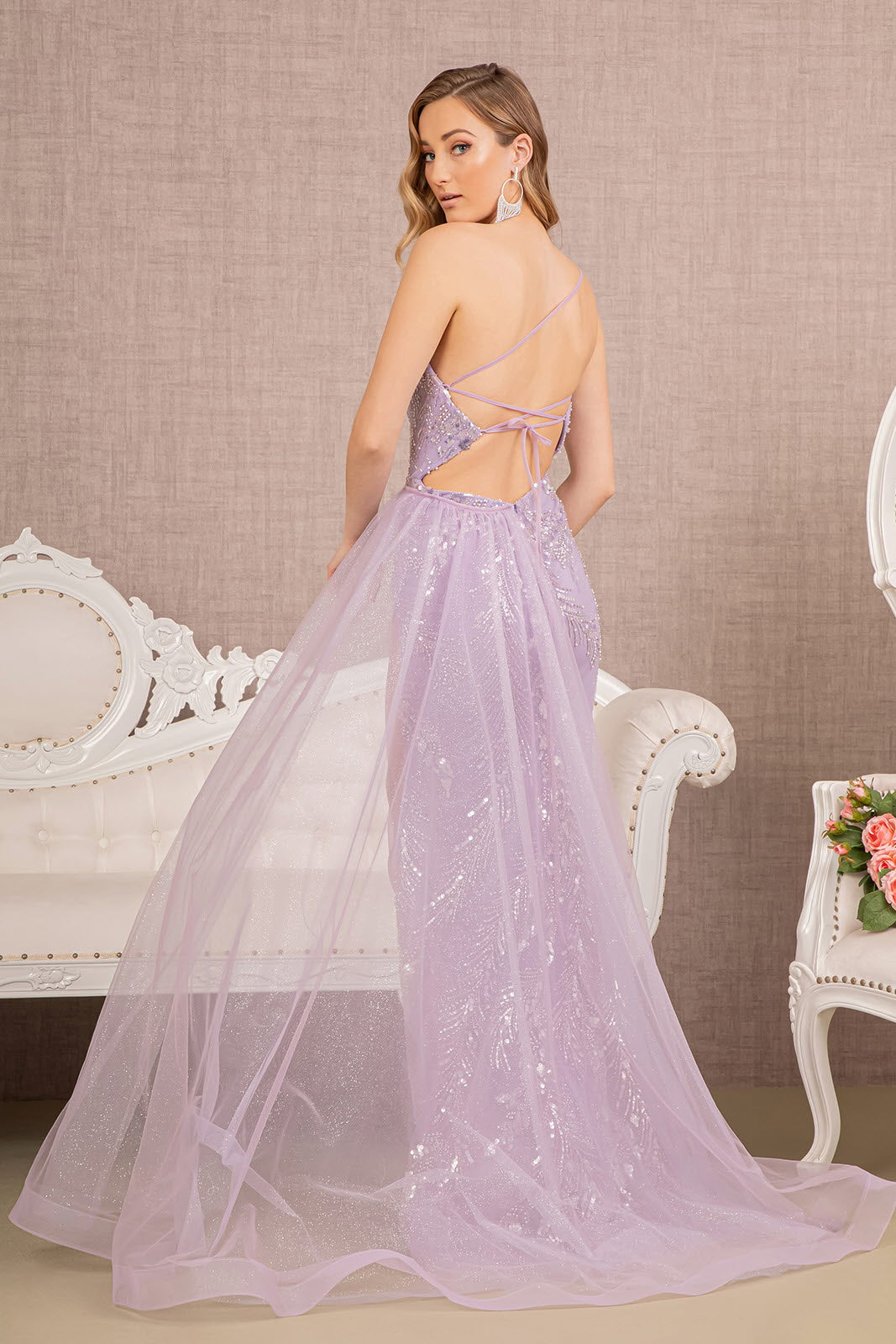sheer side slit dress LaDivine J890 Sheer Side High Slit Dress